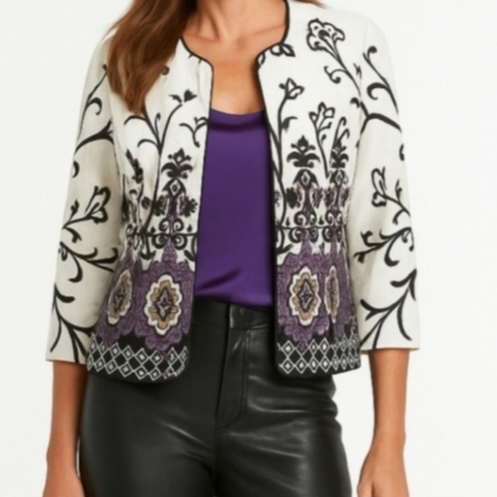 Coldwater Creek Embroidered Floral Jacket Purple Bohemian Large 12